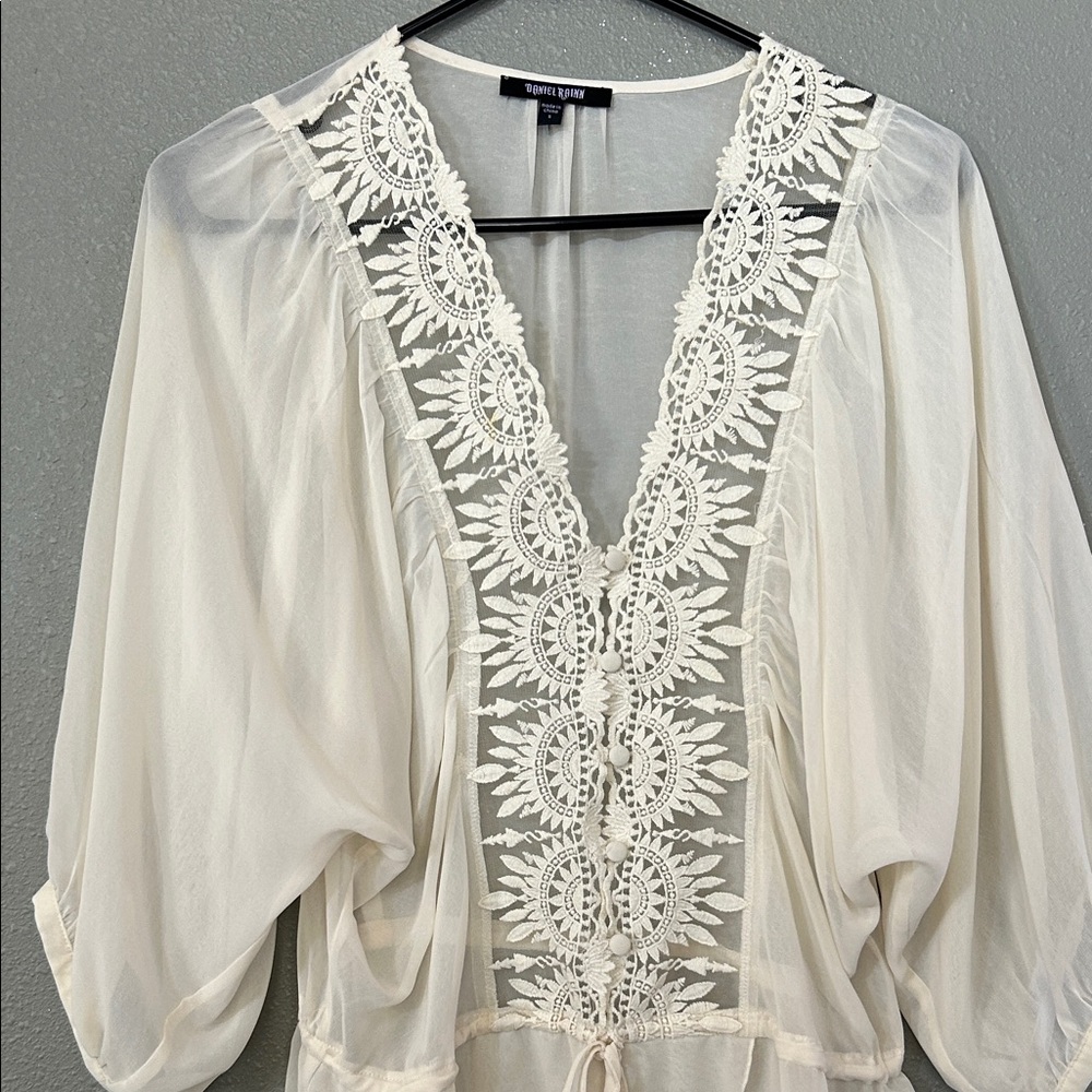 Sheer Embroidered V-Neck Tie-Waist Top - Ivory - Picture 3 of 10